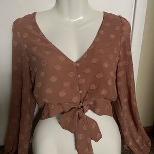 Lush Brown Patterned Button-Front Tie Blouse
